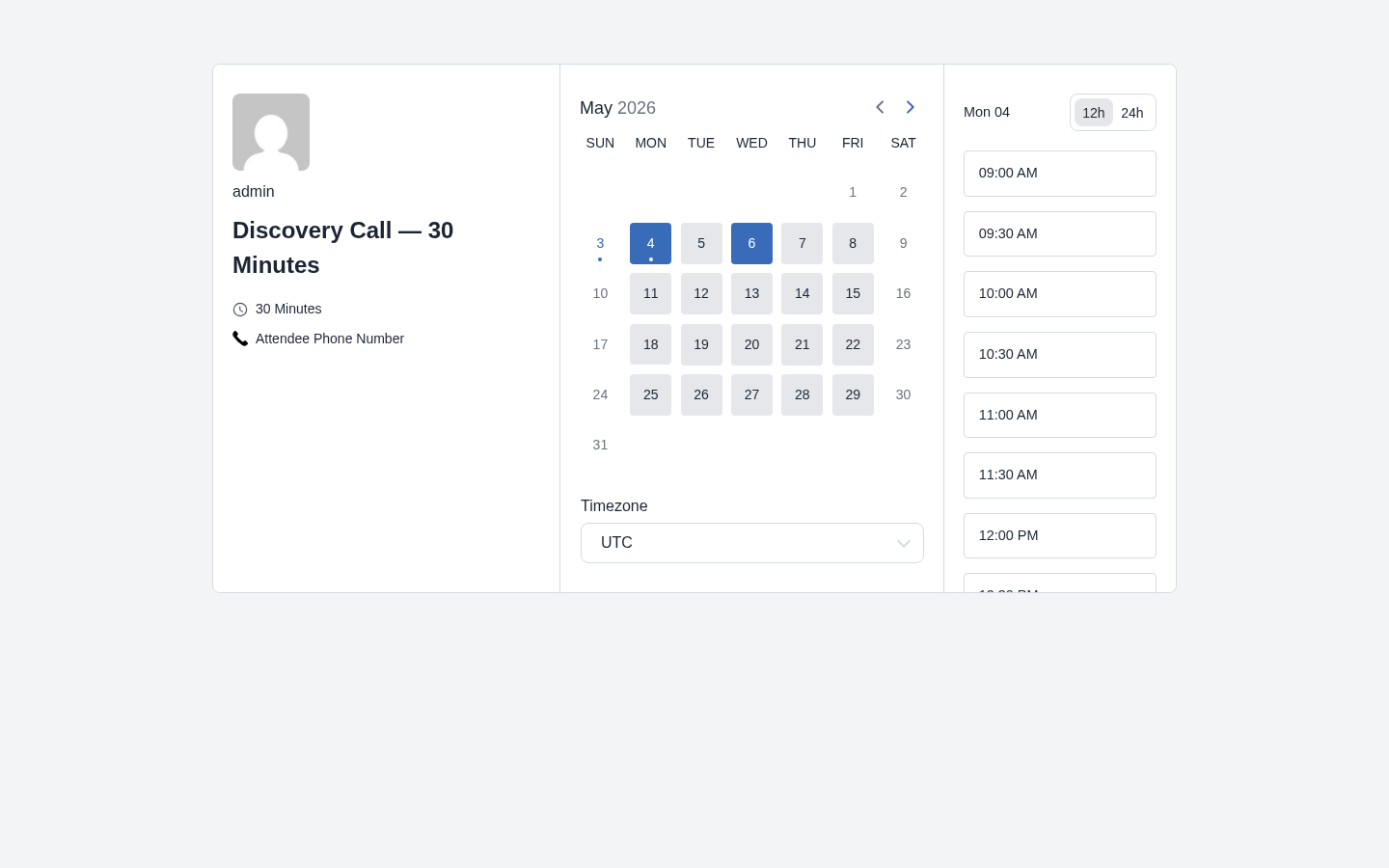 FluentBooking date picker with May 2026 grid and Mon 04 time slots from 09:00 AM to 04:30 PM in 30-minute steps with 12h / 24h toggle