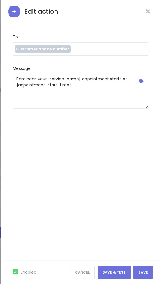 Booknetic-Twilio-SMS-Workflow-Aktionsmodal der Regular-Umgebung mit Empfänger-Shortcode und synthetischer Erinnerungsnachricht.