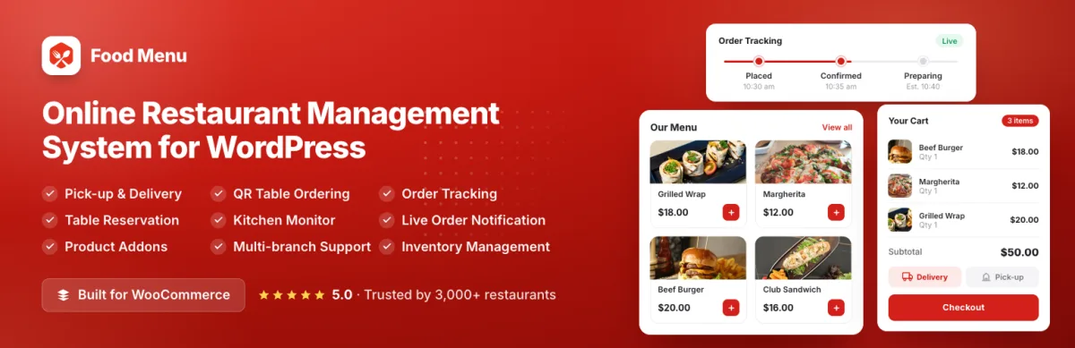 Food Menu de RadiusTheme mostrando el menú del restaurante en WordPress, el carrito y el seguimiento de pedidos en vivo
