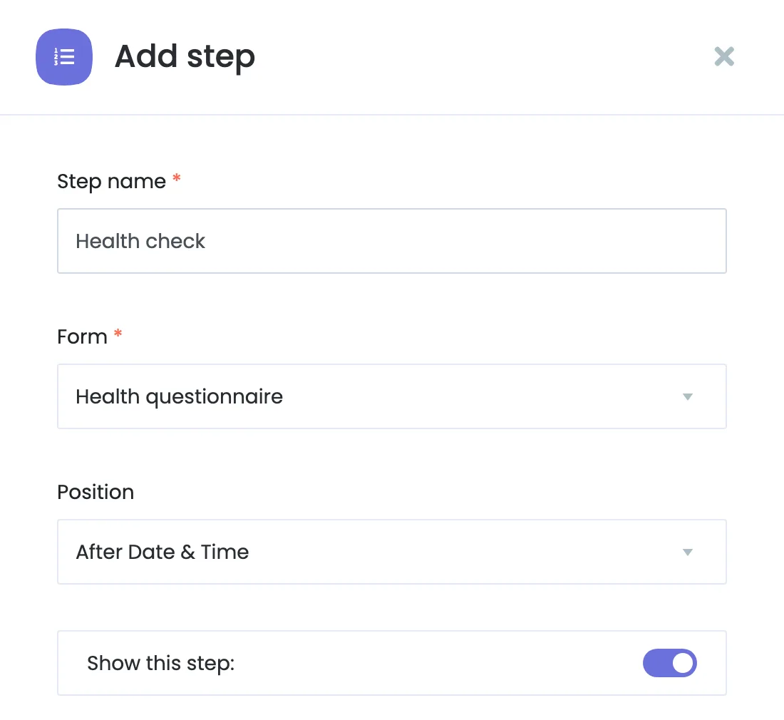 Add step form with step name, form, position and Show this step switch