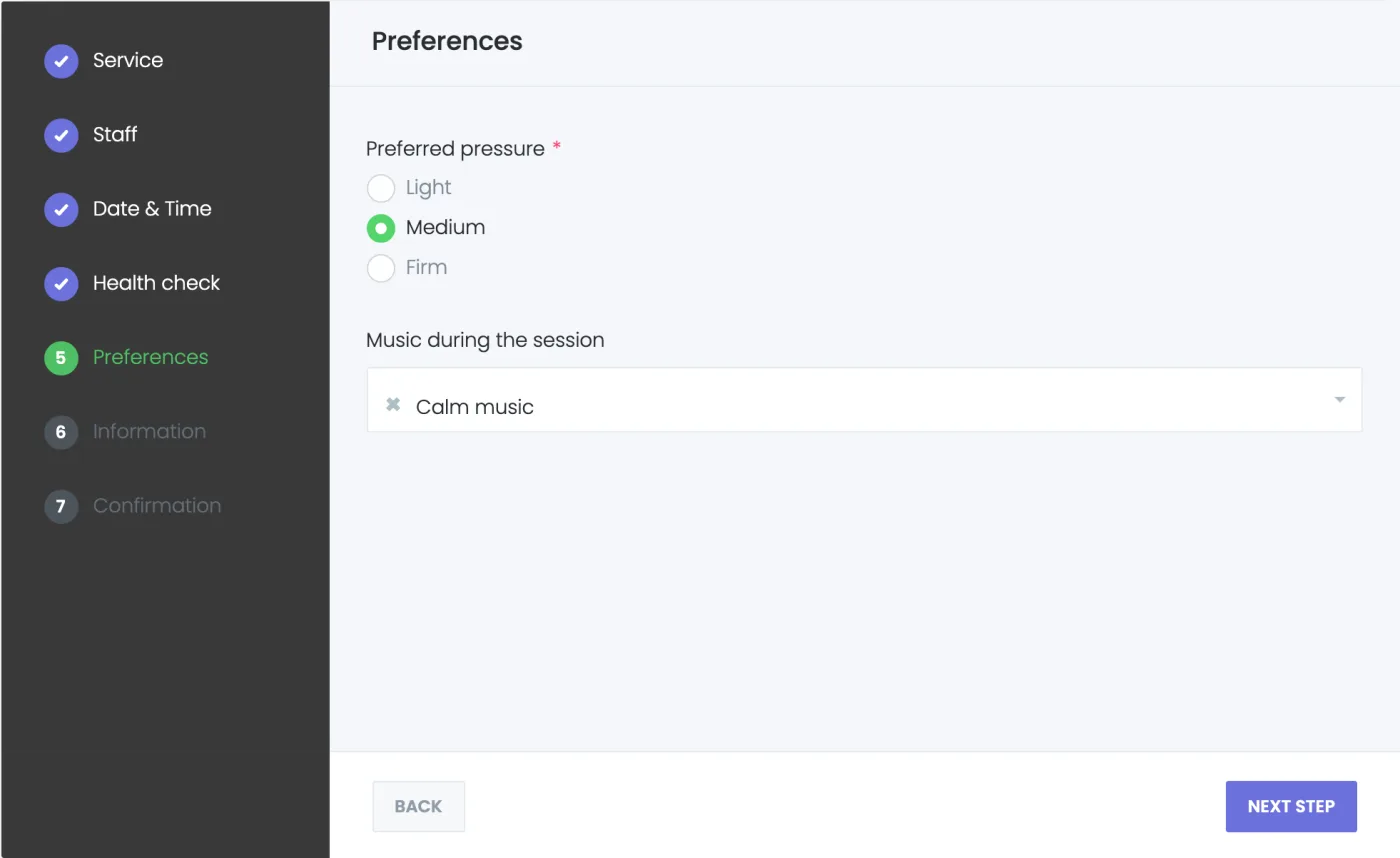 Preferences step in the booking panel with pressure and music questions