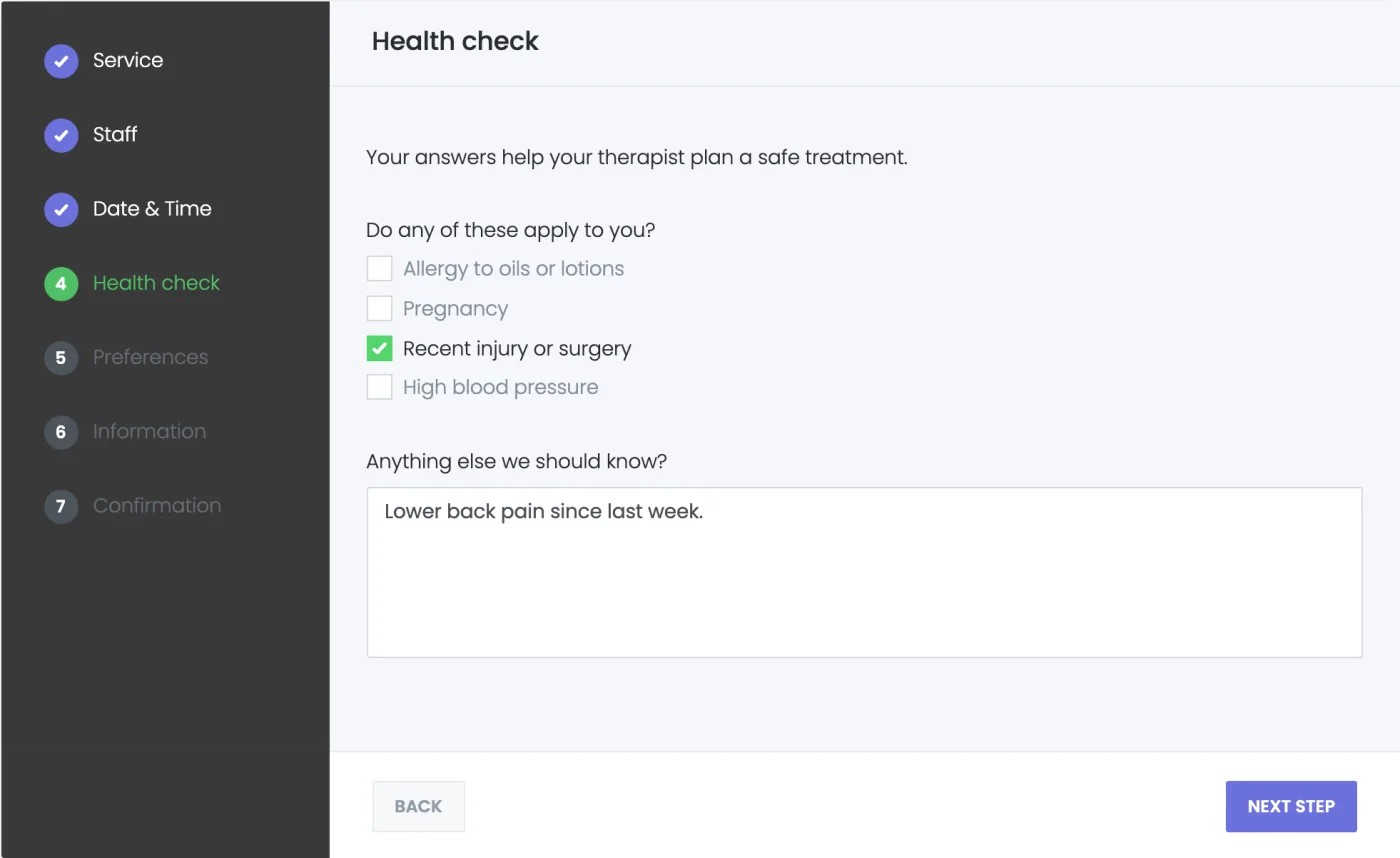 A Health check step with a questionnaire on the Booknetic booking panel