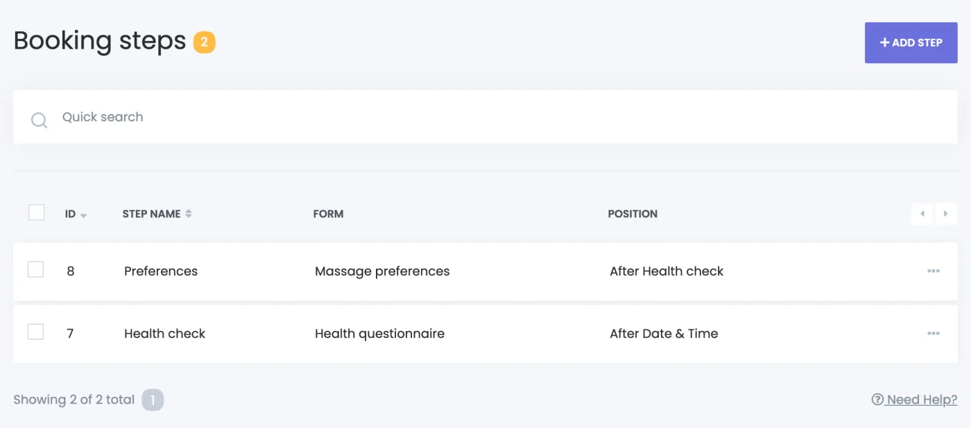 Booking steps list with two custom steps, their forms and positions