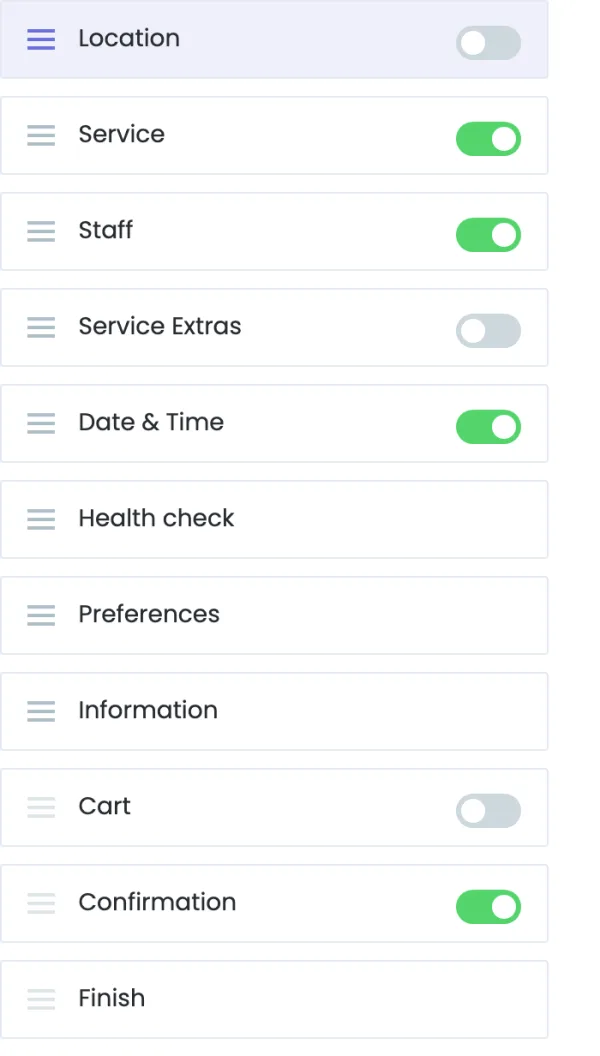 Booking steps settings list with the Health check and Preferences steps between Date and Time and Information