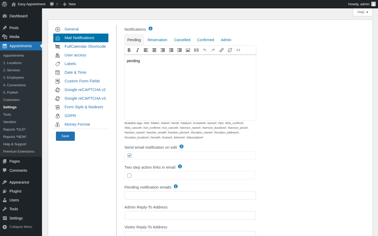Settings → Mail Notifications del admin de Easy Appointments con editores de plantillas Admin Subjects / Visitor Subjects separados por estado