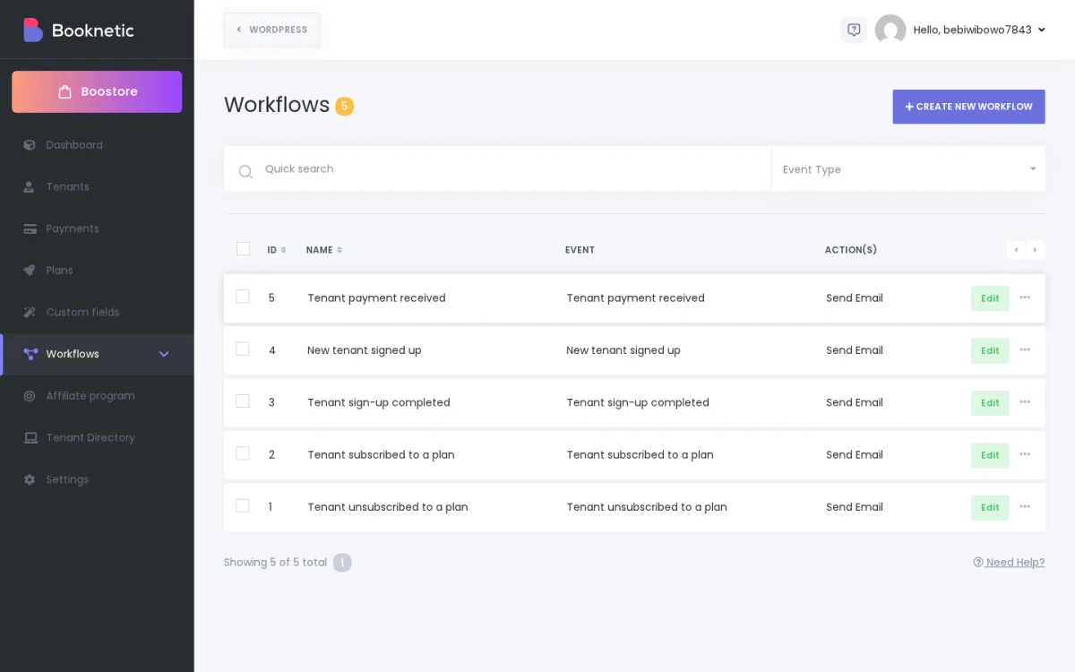 Booknetic SaaS sidebar with the Workflows menu expanded, showing the Workflow Logs sub-menu