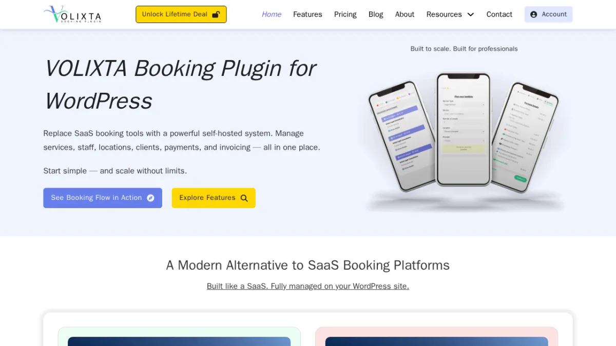 VOLIXTA booking plugin homepage showing self-hosted WordPress booking features for professional service businesses