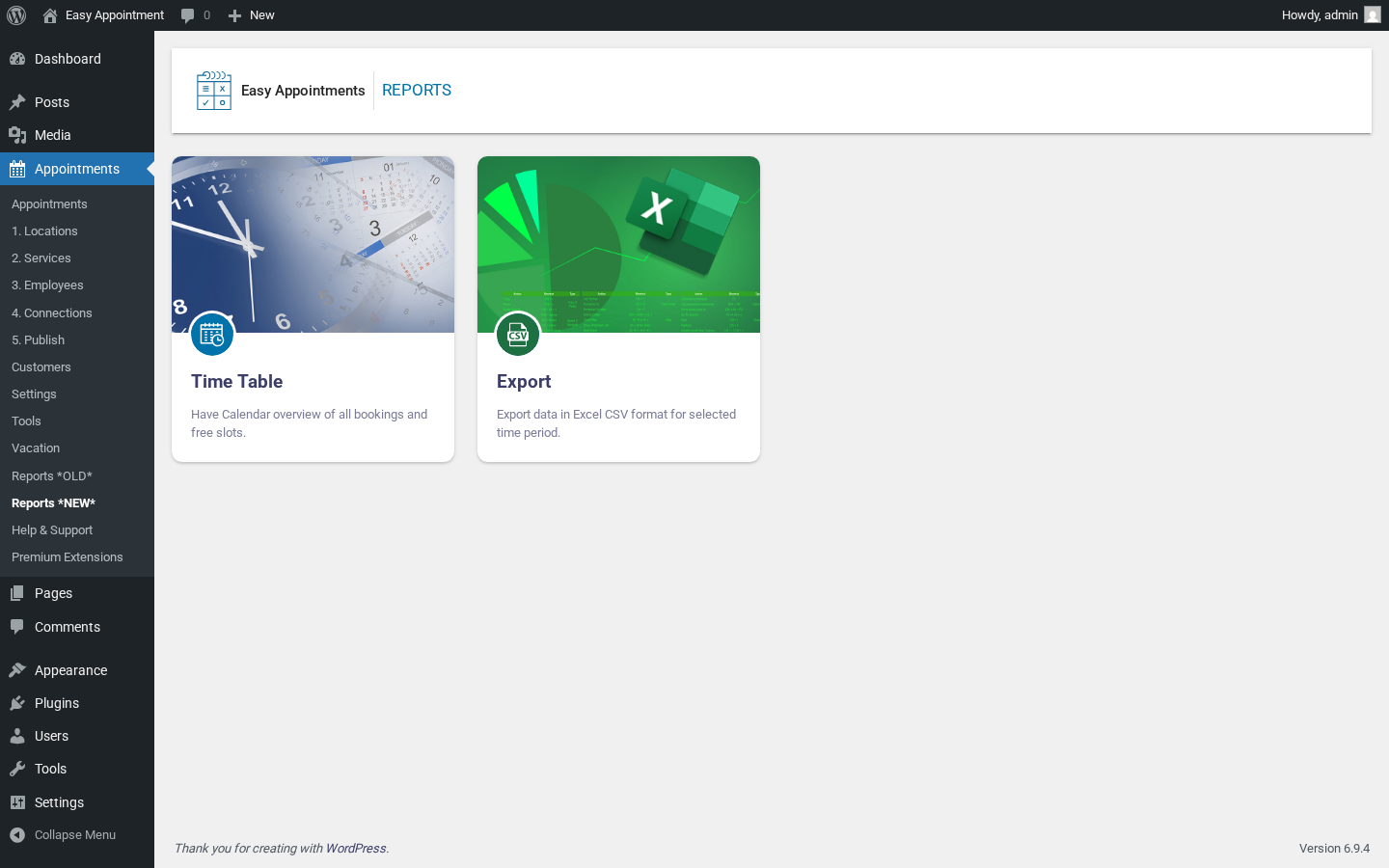 Easy Appointments admin Reports *NEW* with date filters, service filter and the Quick Stats card