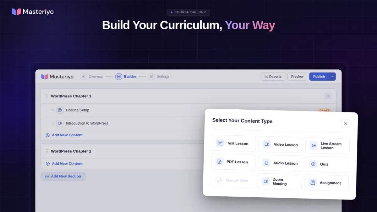 Masteriyo course builder with clean lesson editor and student enrollment overview