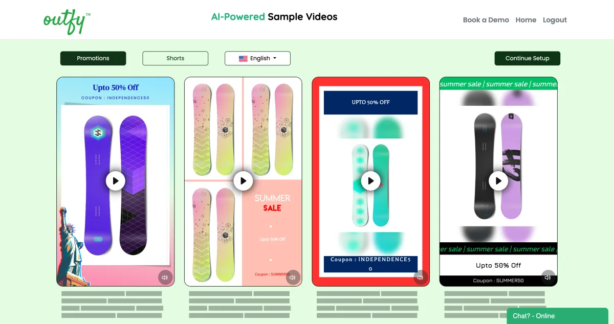 Outfy's onboarding screen showing 4 sample AI product videos auto-generated from the catalog on install