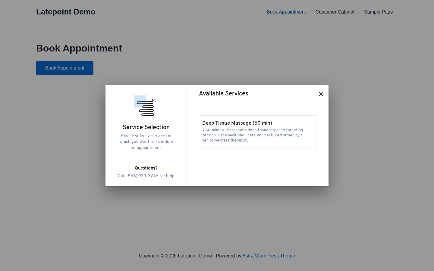 LatePoint front-end Service Selection step with the configured Deep Tissue Massage service