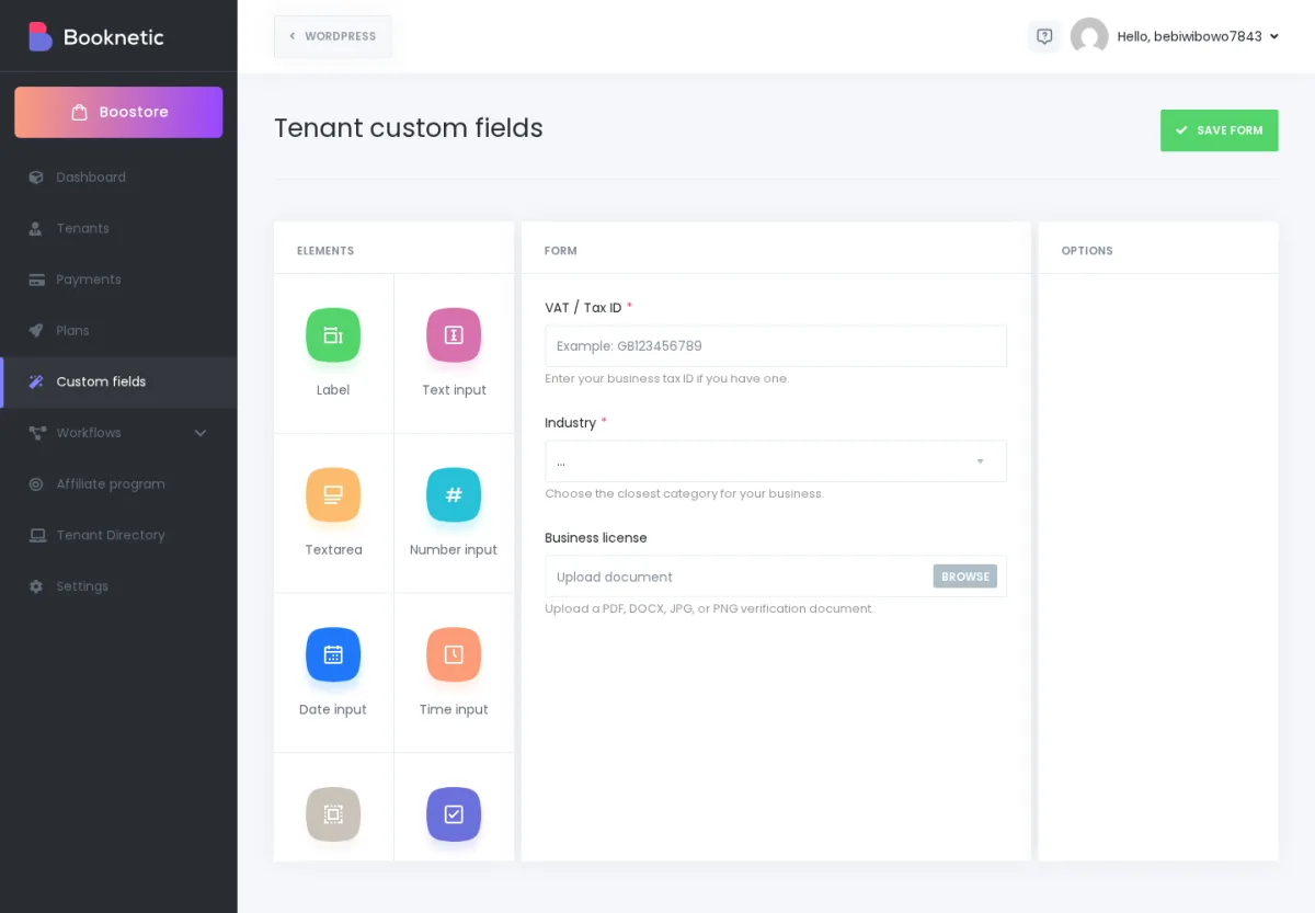Screenshot: Booknetic SaaS left menu with Custom fields selected