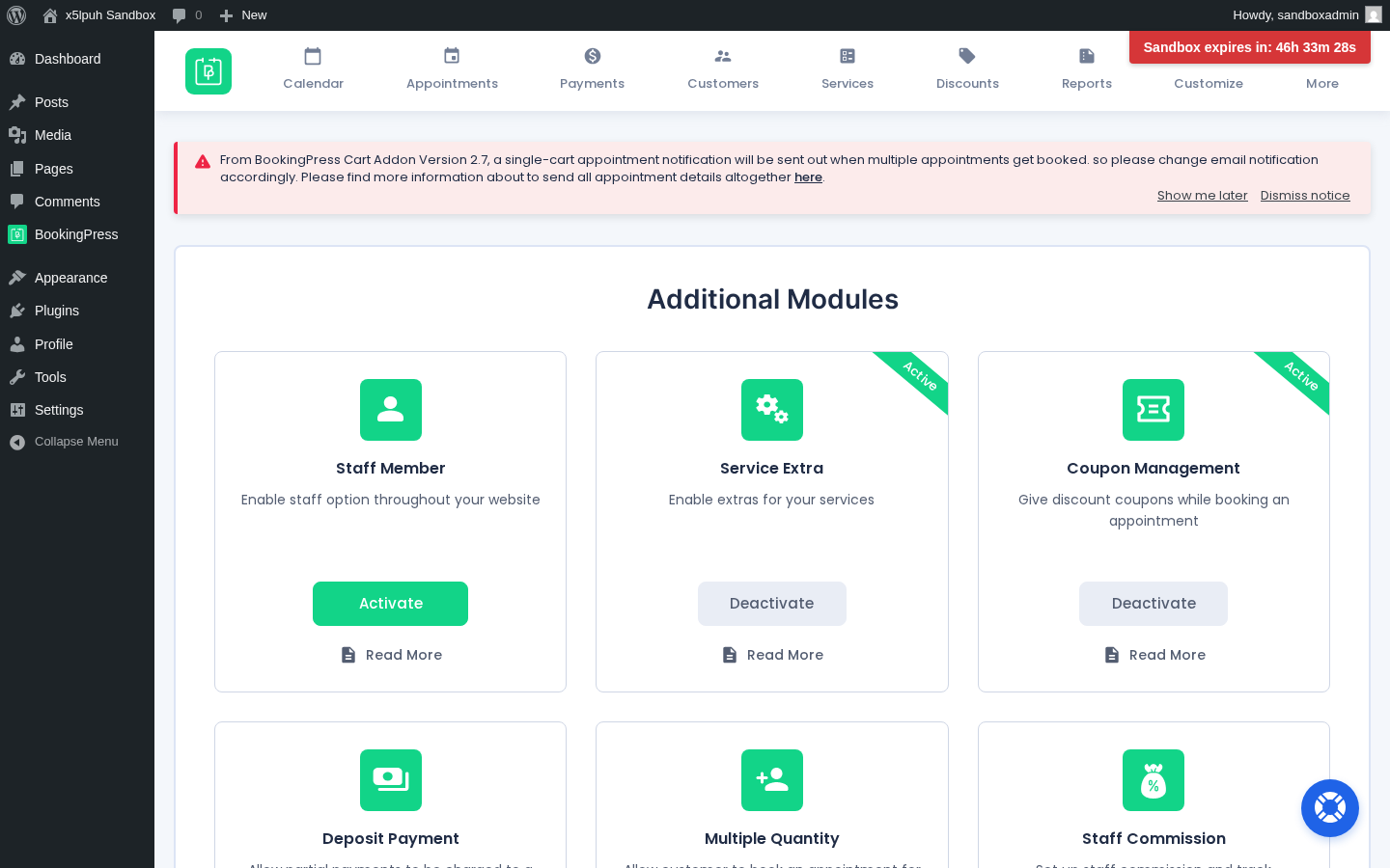 BookingPress admin Add-ons — Additional Modules + Payment Gateways + Integrations catalog with one-click activation