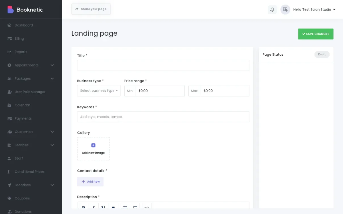 Booknetic SaaS Tenant Directory landing page editor with title, business type, gallery, contact details, and revision status rail