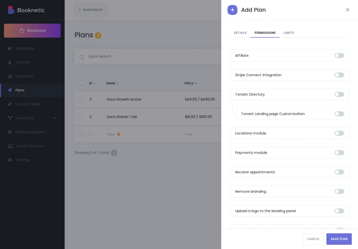 Plan editor — Capabilities (Permissions) tab with a parent module toggled OFF