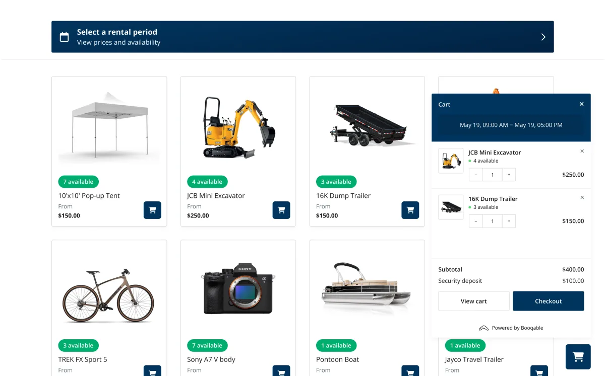 Booqable rental plugin front-end booking widget showing product availability calendar