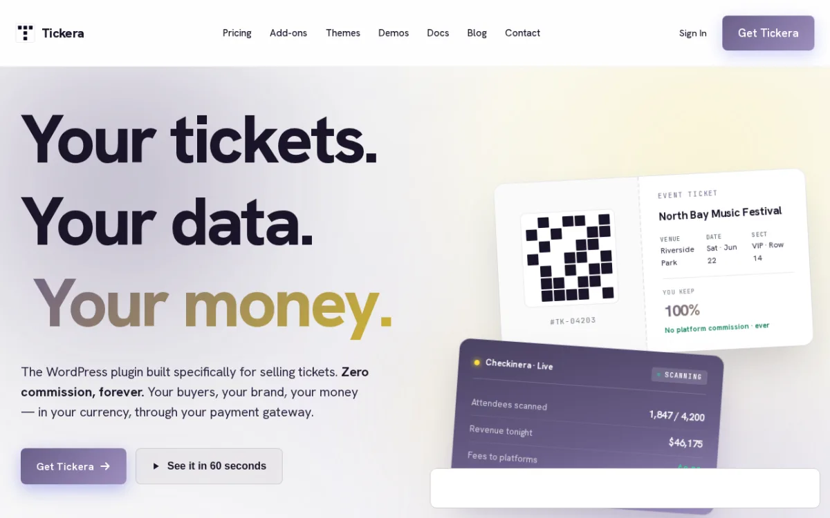 Tickera plugin homepage showing the zero-commission ticket sales positioning and built-in payment gateway options