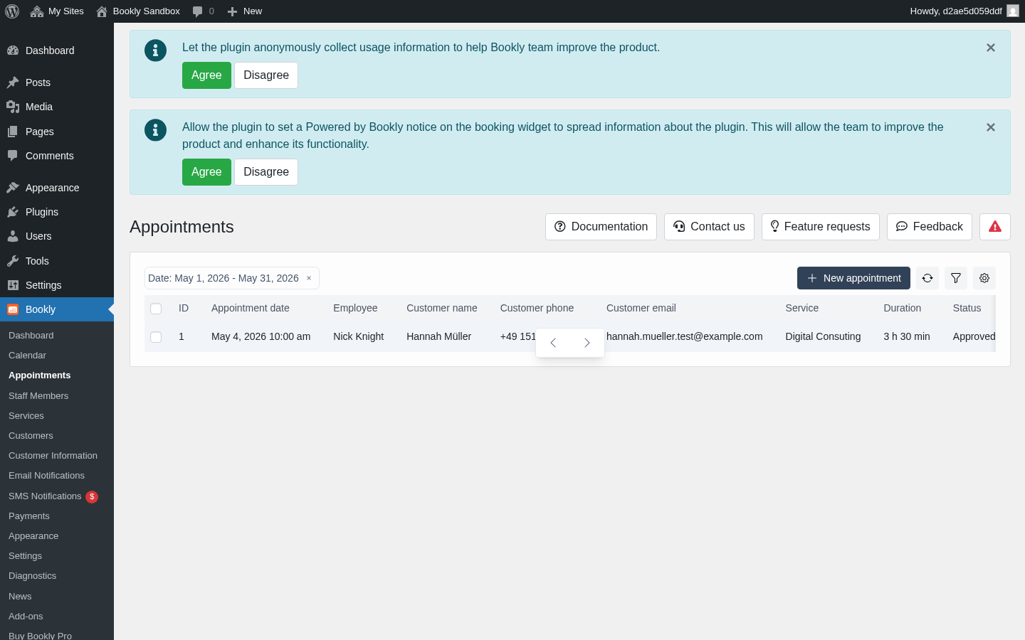 Bookly Pro Appointments list — full attribute datatable