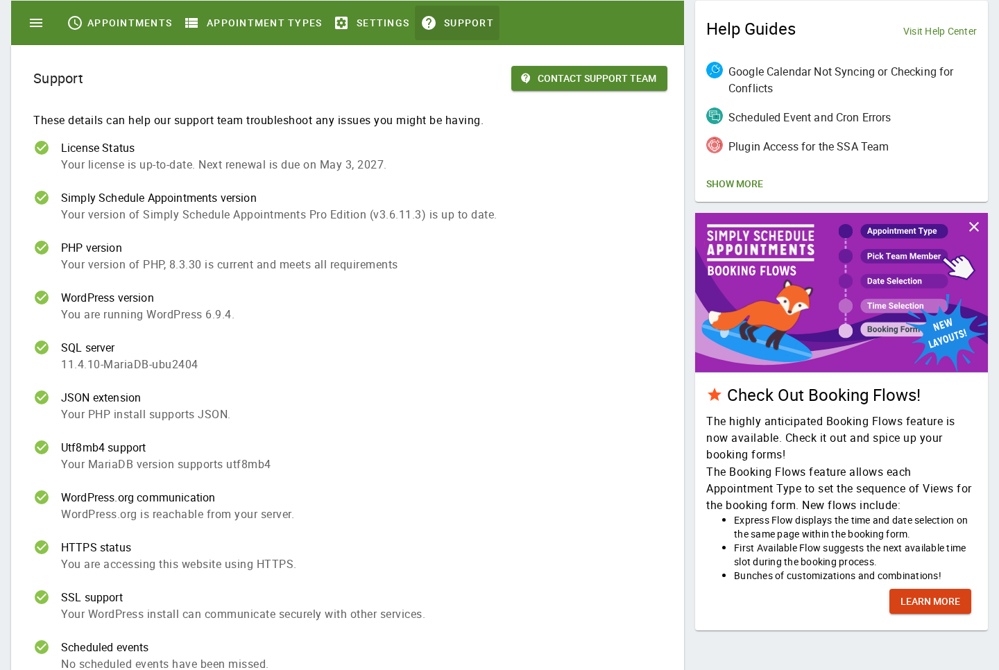 Simply Schedule Appointments — Support page with Pro Edition v3.6.11.3, license valid until May 3, 2027, PHP 8.3.30, WP 6.9.4 and MariaDB 11.4.10 checks