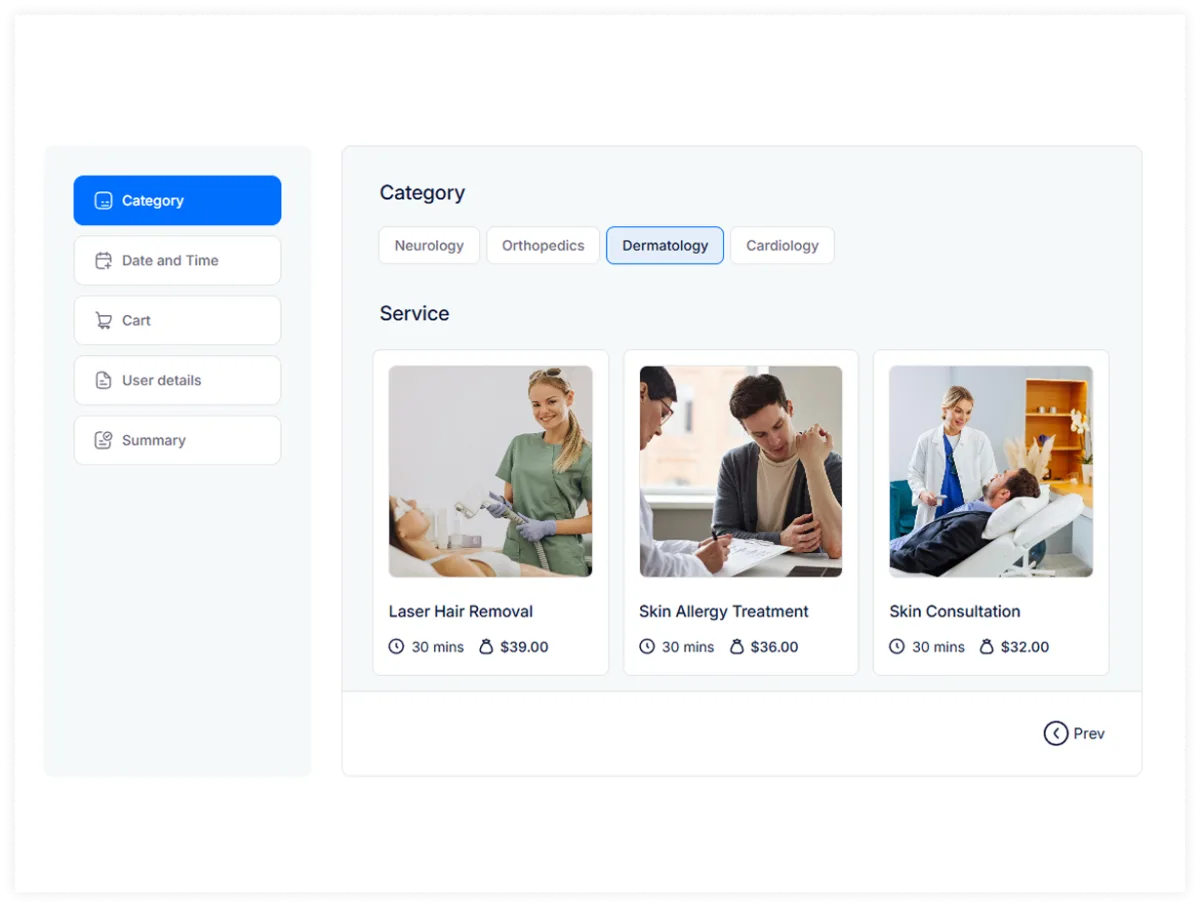 TrueBooker booking form service and category selection step showing service cards with name, duration, and price