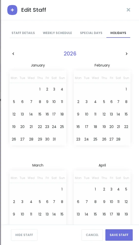 Booknetic-Drawer „Mitarbeiter bearbeiten“ in der Regular-Umgebung mit Registerkarte „Holidays“ für Demo Staff.