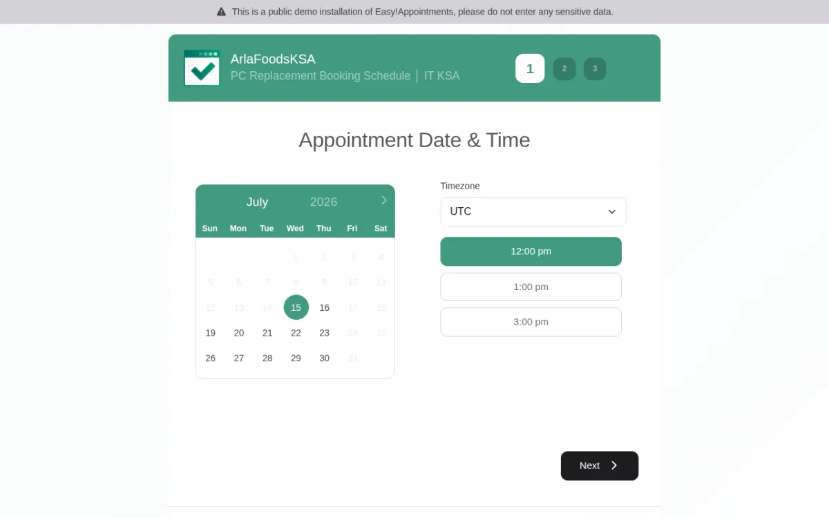 Easy!Appointments open source booking calendar with July 2026 date picker and available time slots