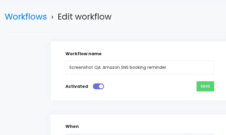 Booknetic regular workflow editor showing Booking starts event and Send SMS message via Amazon SNS action.