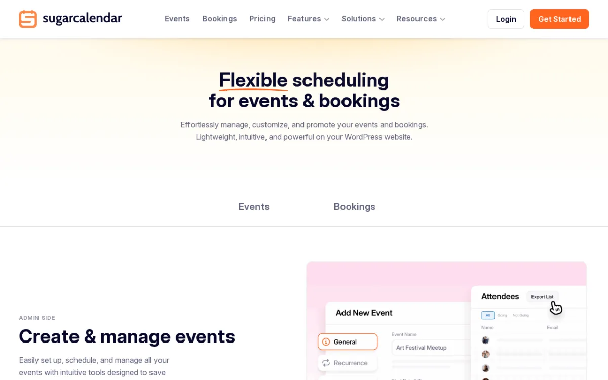 Sugar Calendar features page showing the admin event creation and attendee management interface