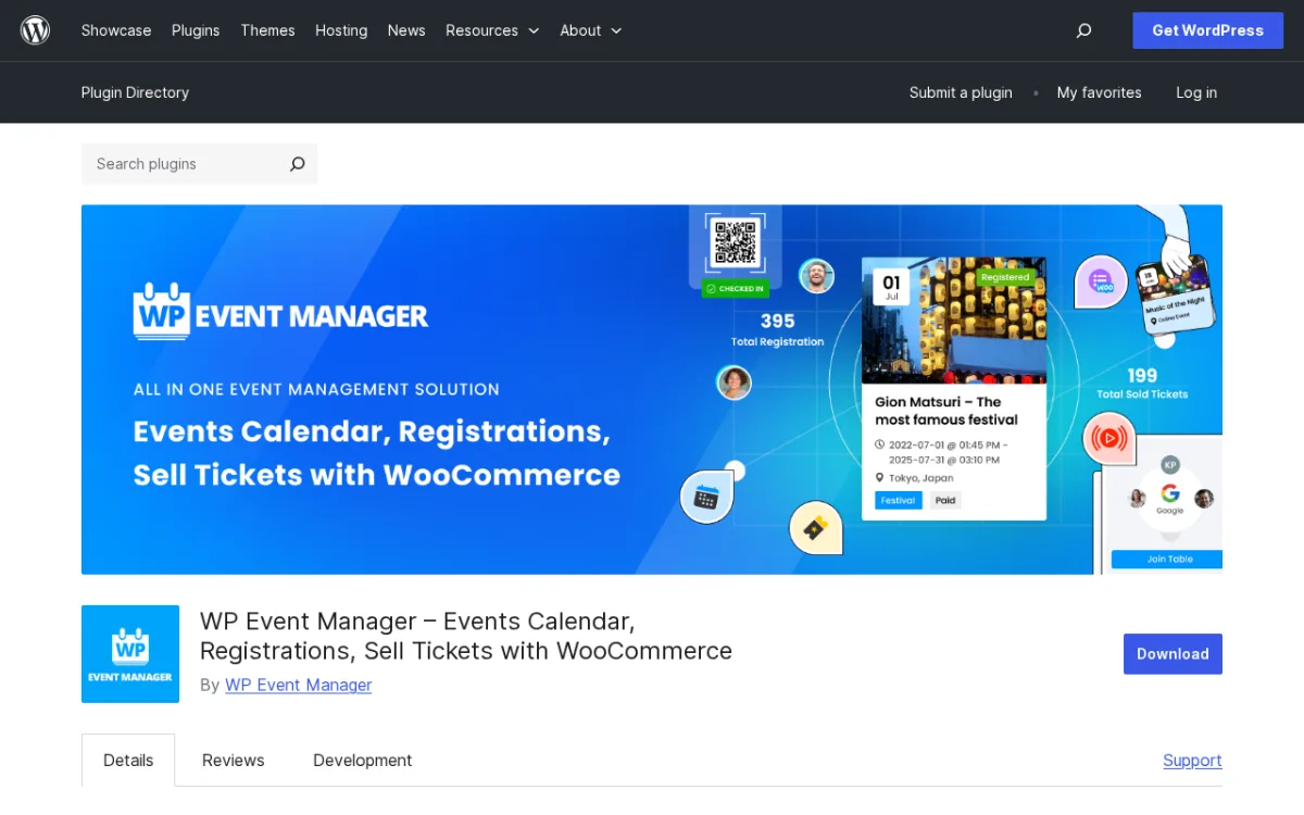 WP Event Manager plugin page on WordPress.org showing event calendar, registrations, and WooCommerce ticket sales features