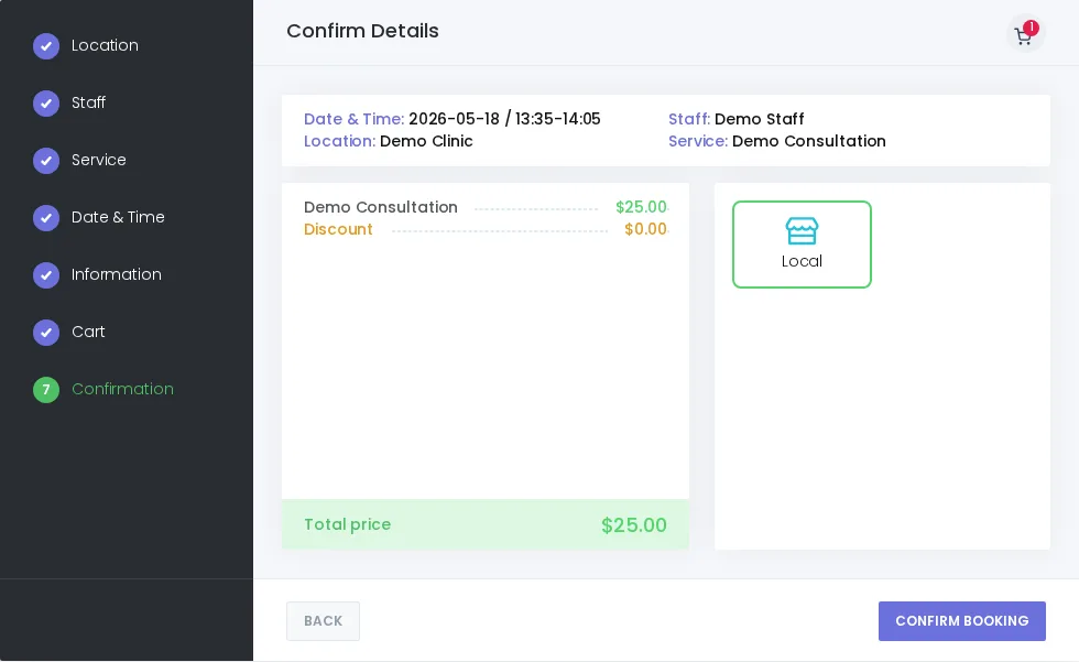 Booknetic-Buchungsbestätigung mit Demo-Termindetails, Gesamtpreis und Local Payment als Zahlungsmethode.