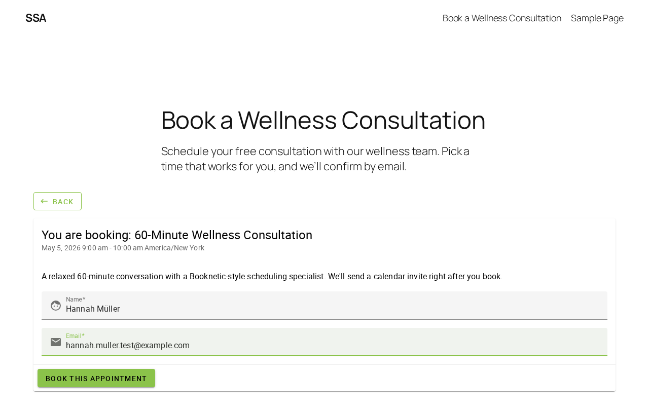 Simply Schedule Appointments front-end booking form — Customer Information step with Name and Email filled and BOOK THIS APPOINTMENT enabled, visitor on America/New_York