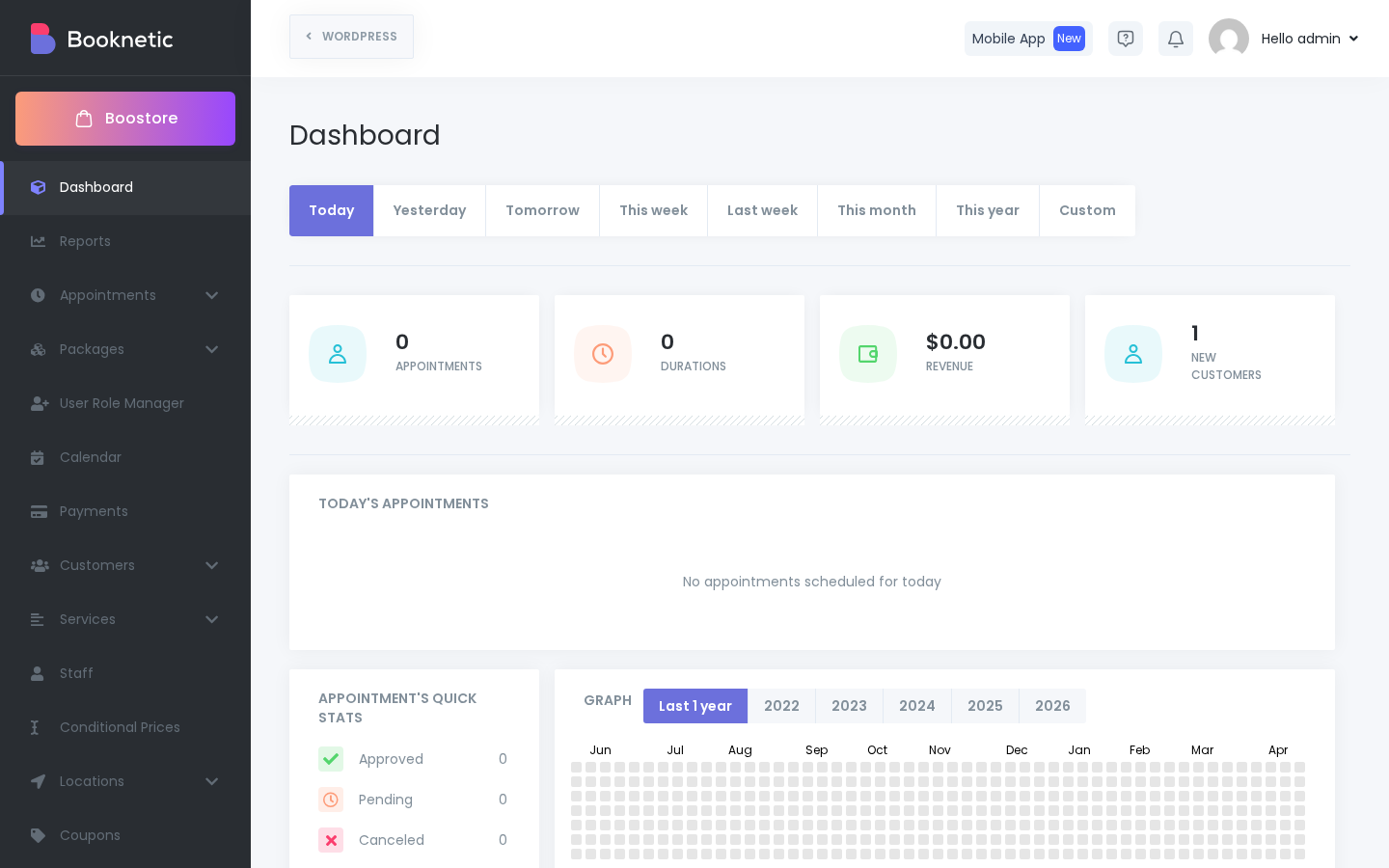 Booknetic dedicated admin dashboard with stat cards and revenue graph