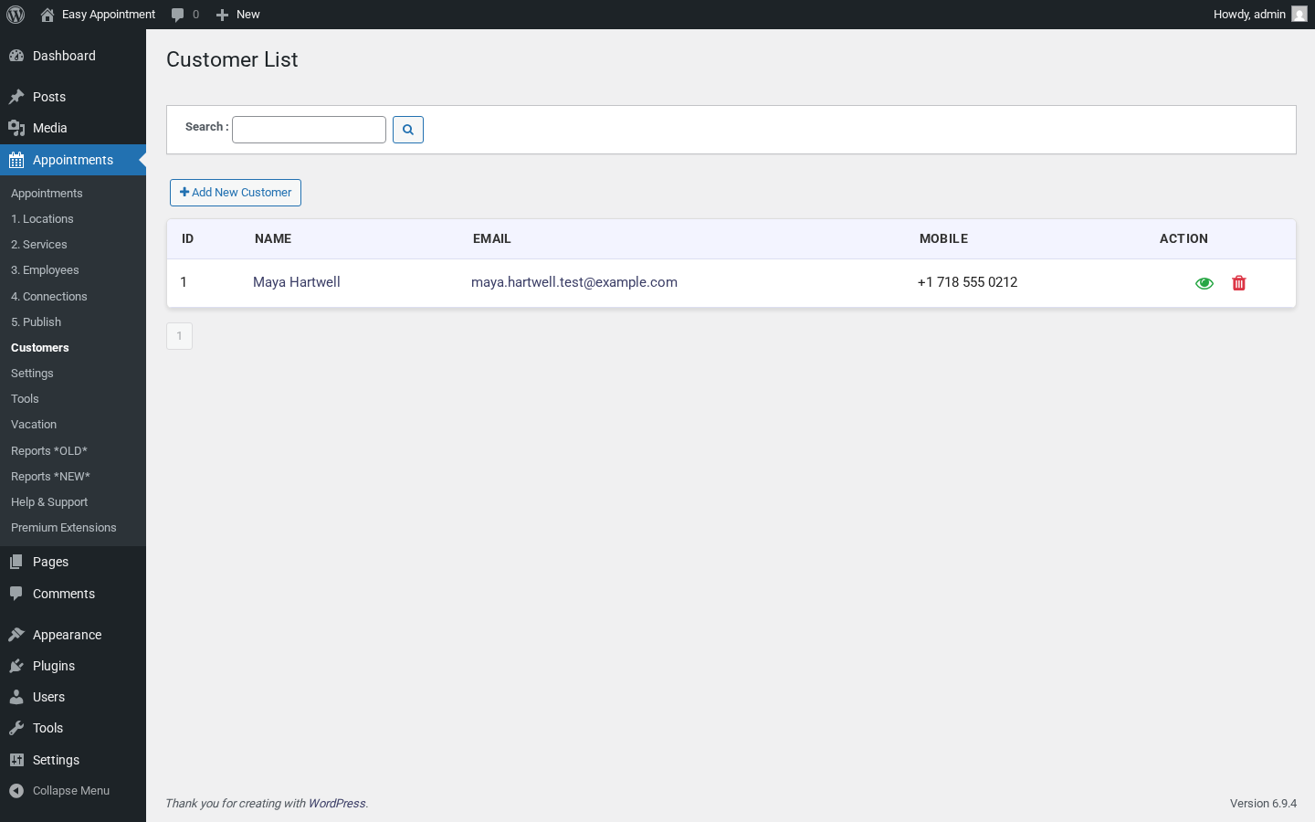 Easy Appointments admin Customer List showing Maya Hartwell auto-created from the front-end booking