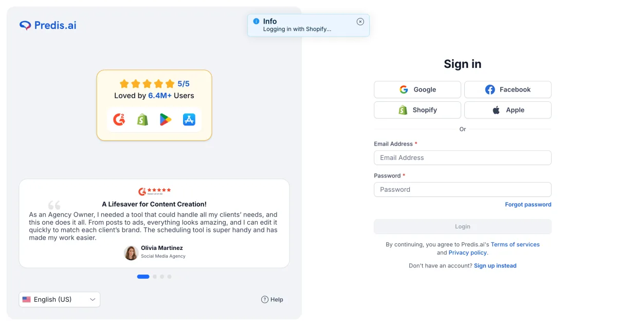 Predis.ai first app screen after connecting the Shopify store showing the AI content creation menu