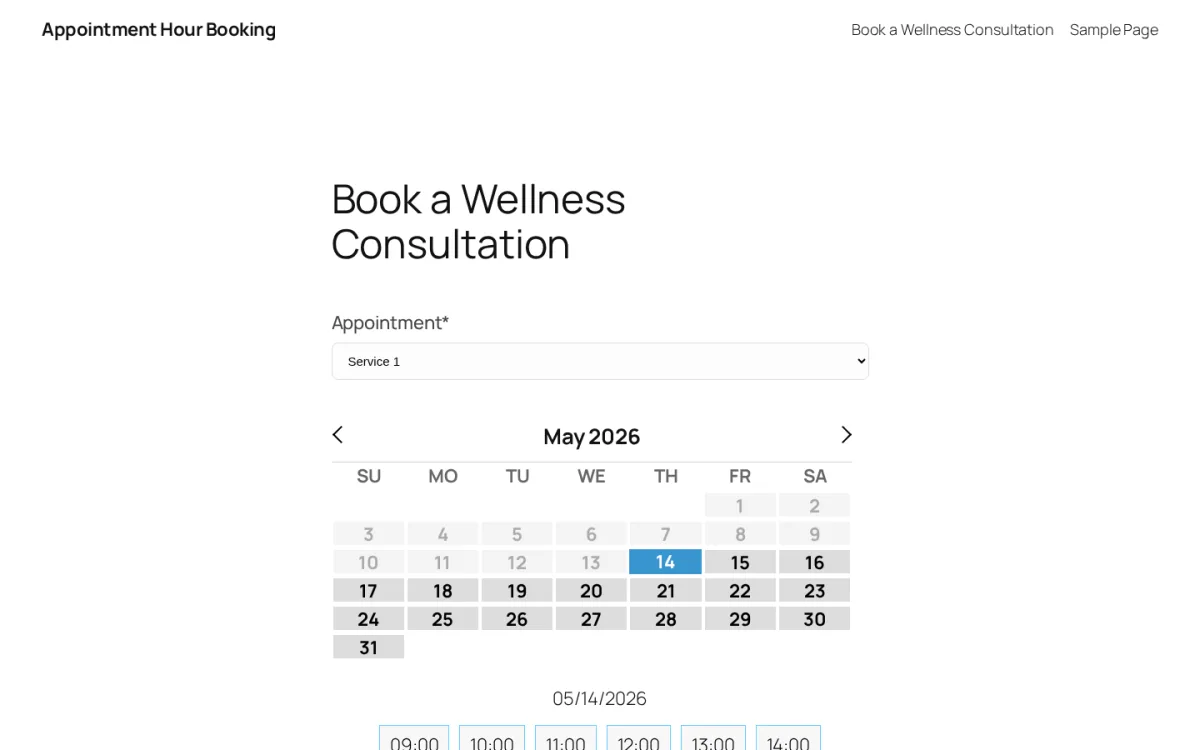 Appointment Hour Booking public booking page with the May calendar and slot row