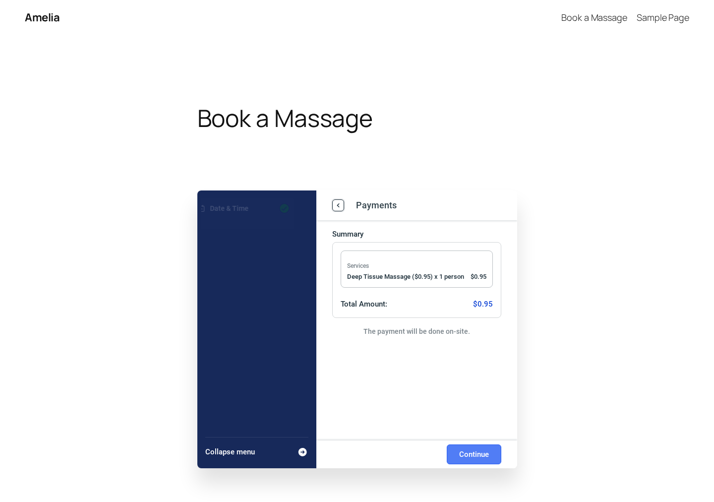 Amelia front-end Payments step — Summary with on-site option