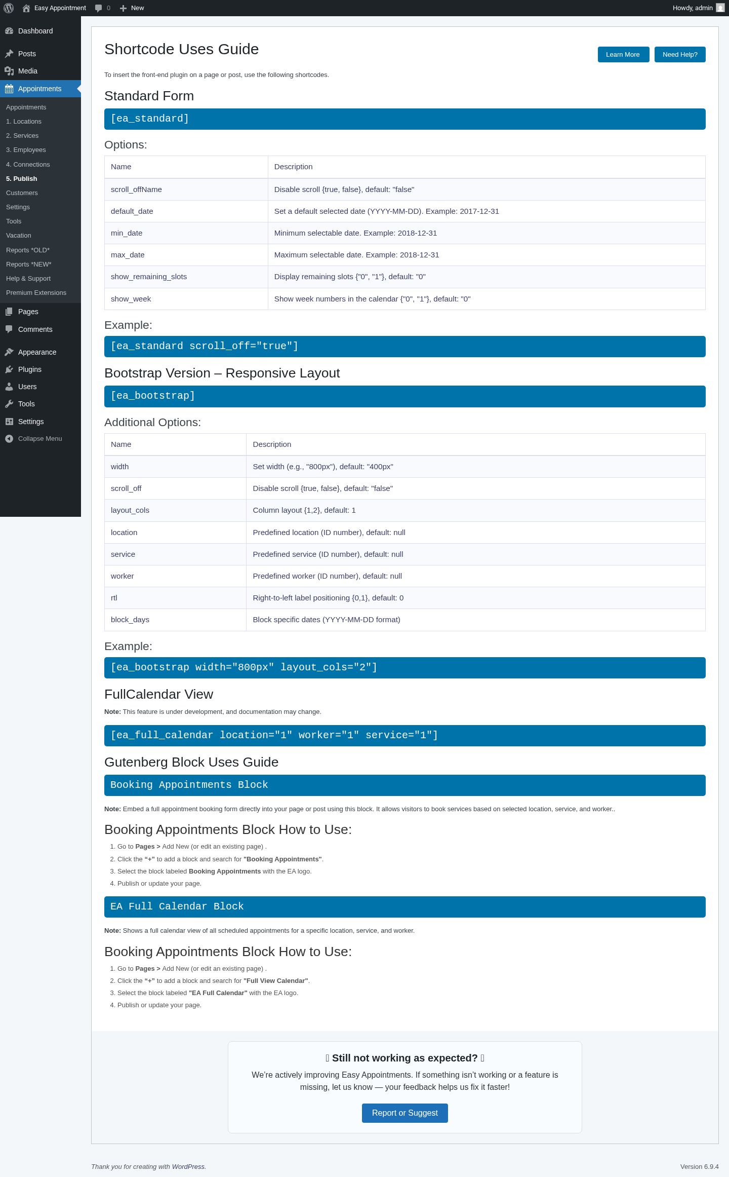 Easy Appointments admin Publish page documenting the [ea_standard], [ea_bootstrap], [ea_full_calendar] shortcodes
