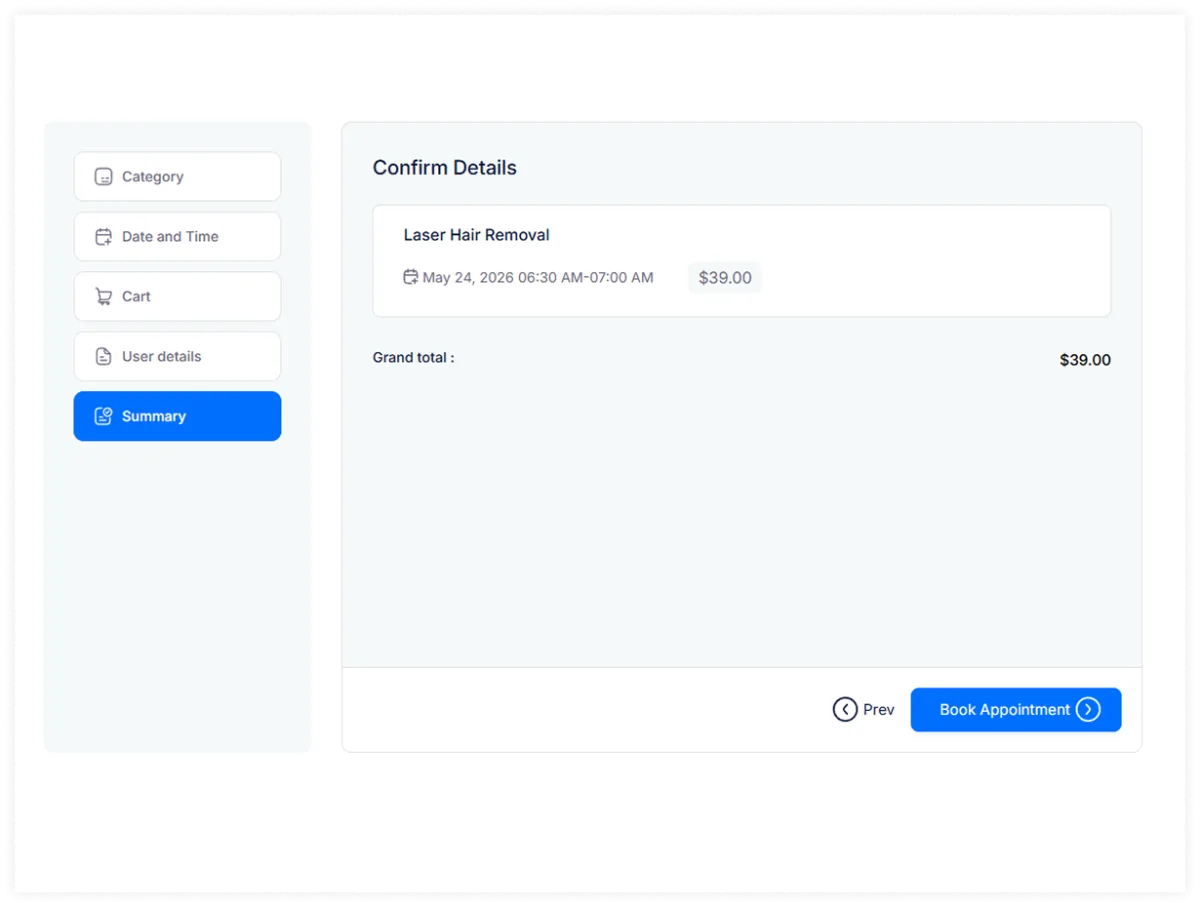 TrueBooker booking form summary step showing service name, date and time, and grand total with Book Appointment button