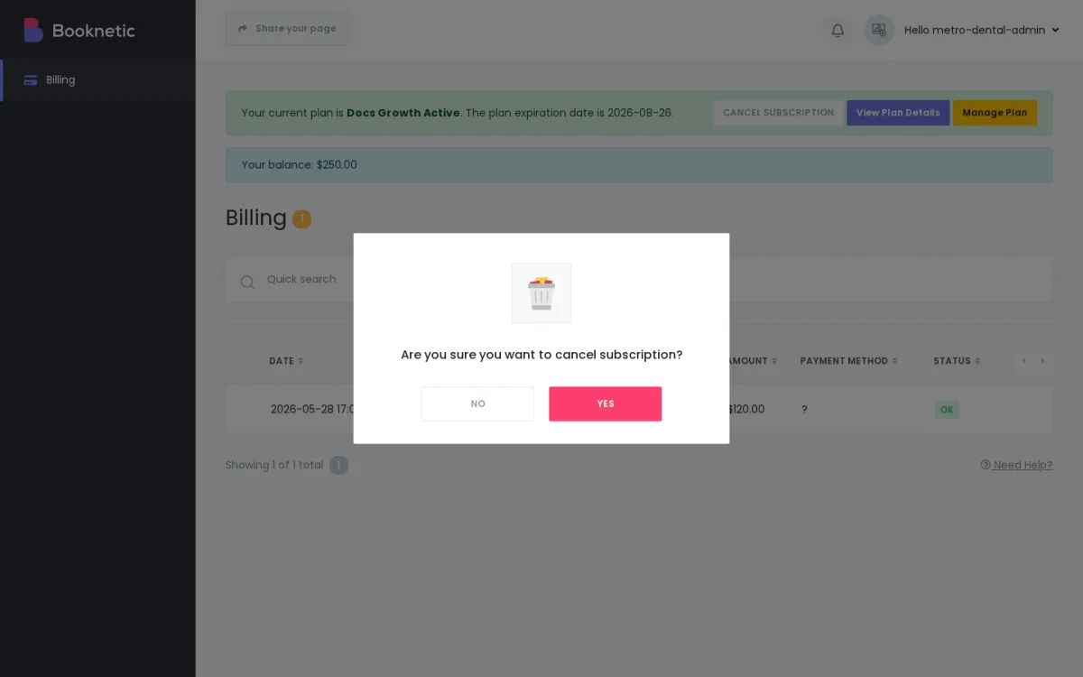 Cancel-subscription confirmation pop-up asking the tenant Are you sure you want to cancel subscription? with No and Yes buttons