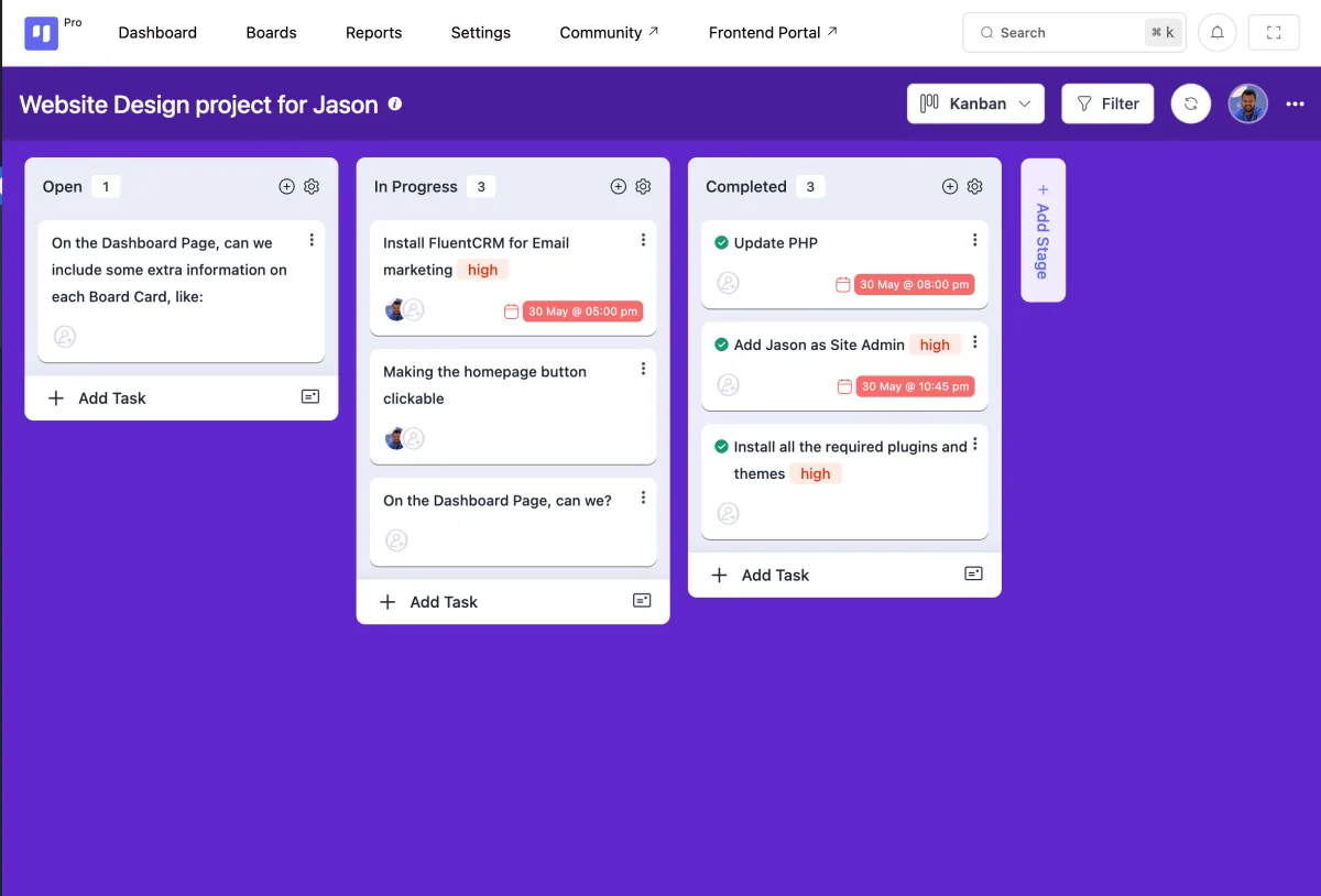 FluentBoards Kanban board view showing task cards organized in columns with drag-and-drop interface