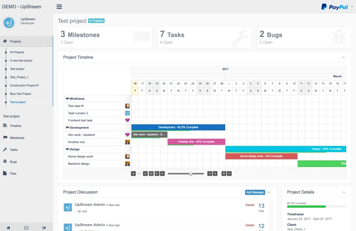 UpStream frontend client portal showing project status, milestones, and progress to external clients
