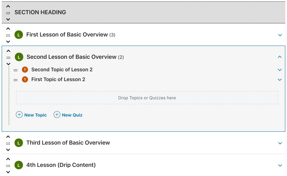 LearnDash course builder showing drag-and-drop hierarchy of course, section, lesson, and topic levels