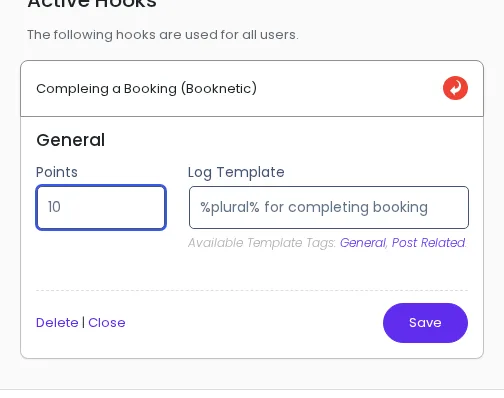 myCred hook configuration panel showing 10 points and a log template for Booknetic bookings