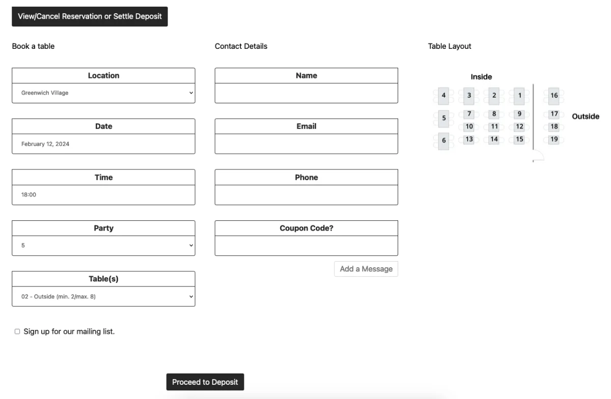 Five Star Restaurant Reservations booking form screenshot