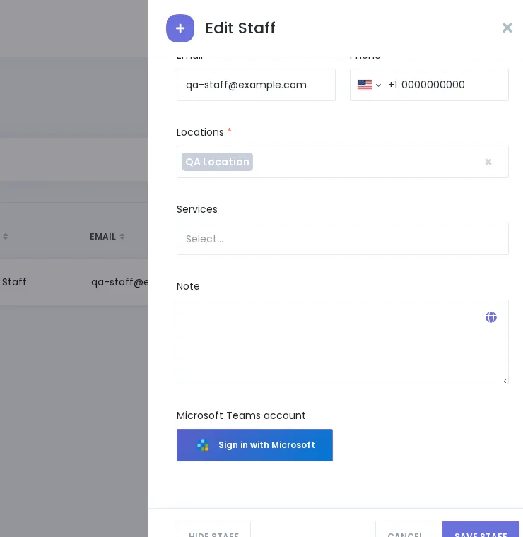 MS Teams staff connection — Sign in with Microsoft button and connected state