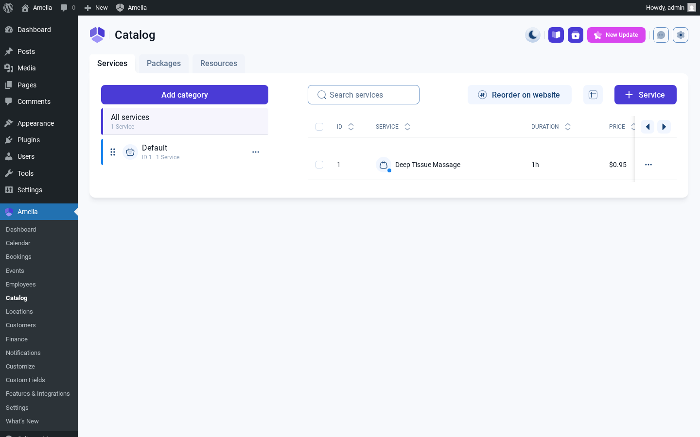 Amelia admin Catalog — Default category with Deep Tissue Massage service
