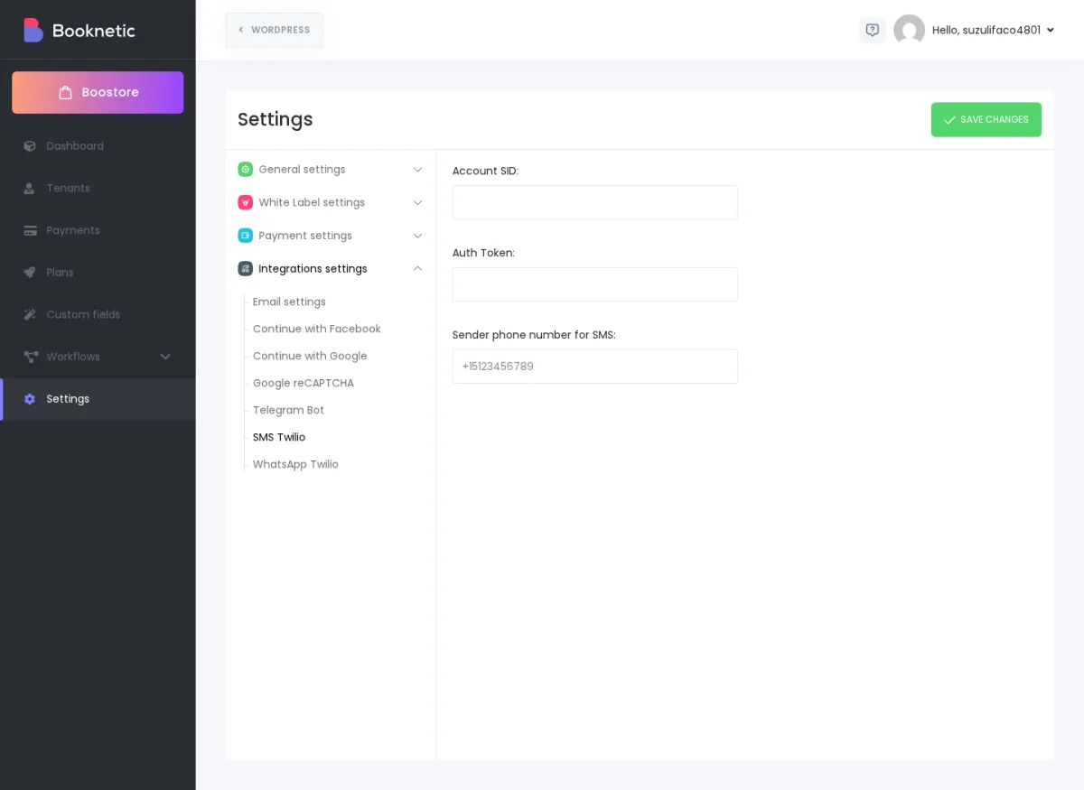 Booknetic SaaS SMS Twilio settings entry point