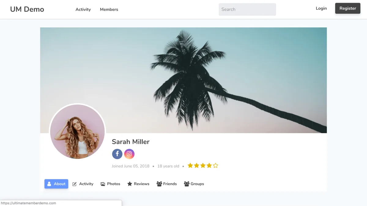 Ultimate Member front-end user profile page showing profile fields and member information