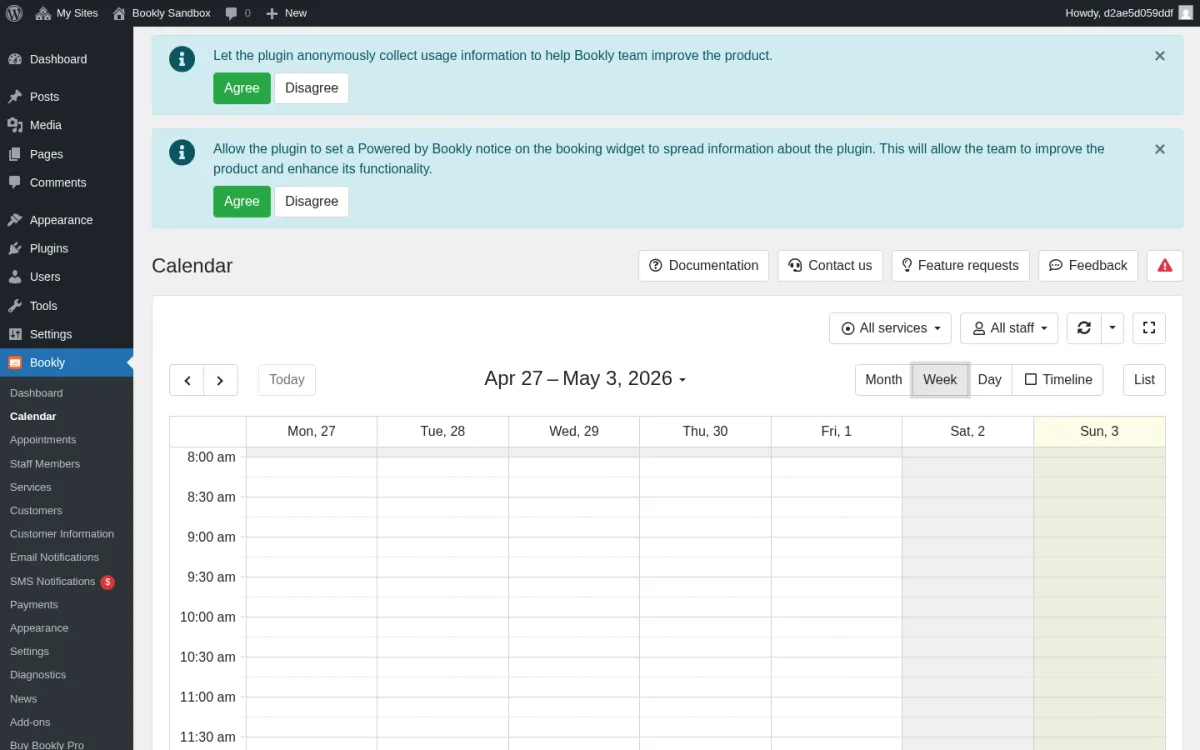 Calendario de administración de Bookly Pro con una cita programada de taller de reparación