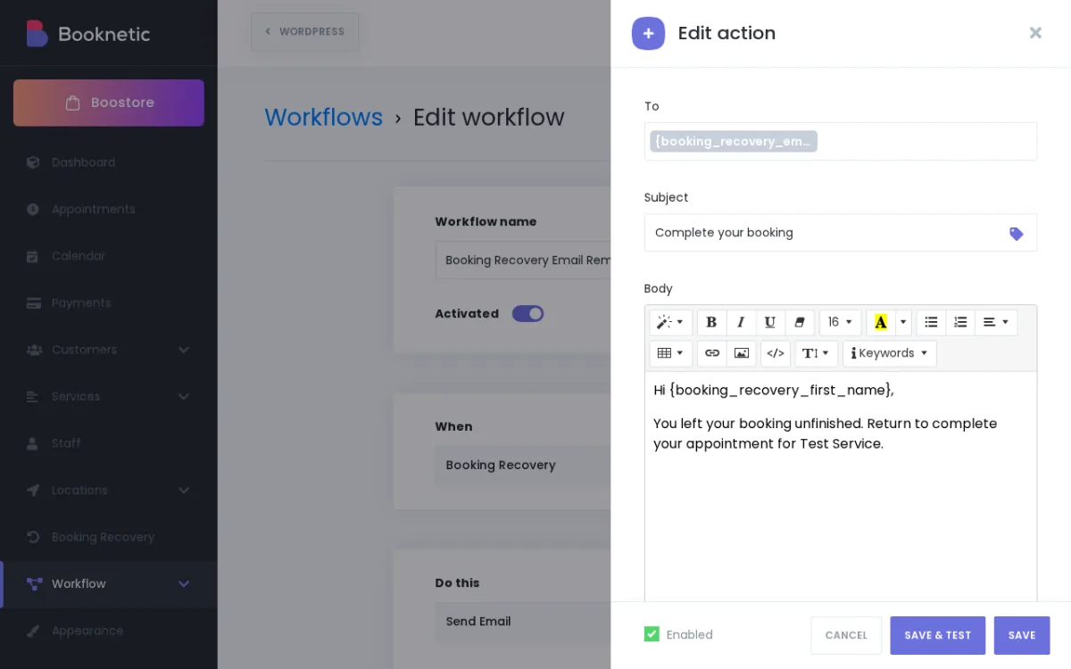 Send Email Action-Einstellungsmodal für einen Booking Recovery Workflow in Booknetic